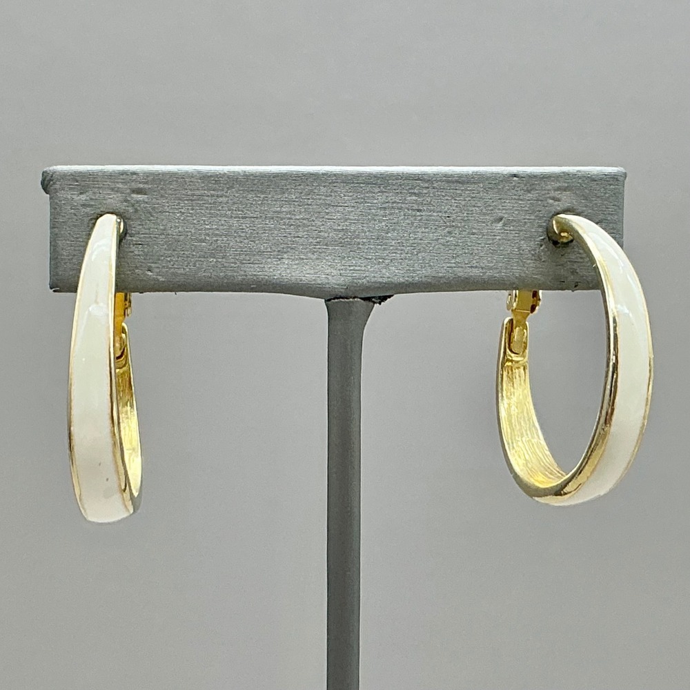 Vintage Goldette Earrings Off White Enamel Gold Tone Hoop Screw Back Earrings